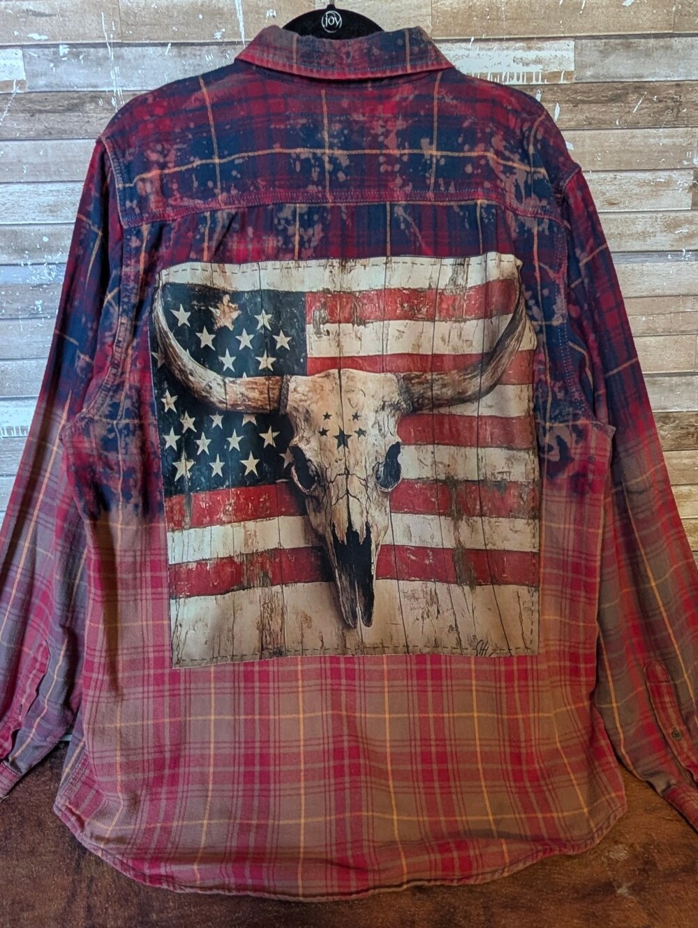 Boho Southwestern Bull Americana Upcycled Dip Dyed Bleached Flannel Shirt